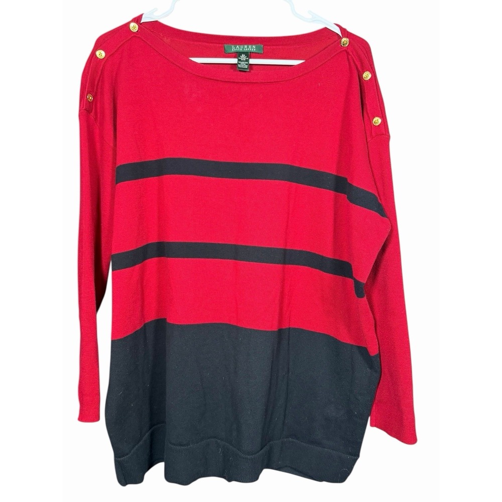 Lauren Ralph Lauren 2X Red Black Stripe Nautical Preppy Button Shoulder Knit